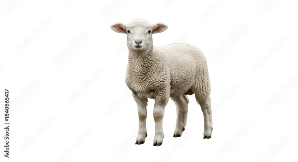 Fototapeta premium A fluffy white lamb stands alone looking directly at the viewer with curiosity and innocence.