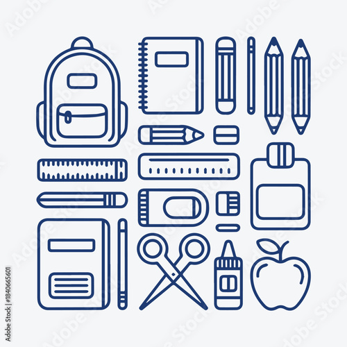 Minimalist Line Art Vector Set of School Supplies and Stationery Icons for Education Design