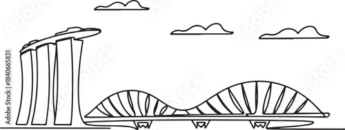 Canvas Print Continuous Line Art Singapore Skyline with Helix Bridge Outline in Minimal Conto