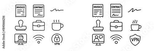 Business icons set including documents, contract, invoice, stamp, briefcase, and security symbols