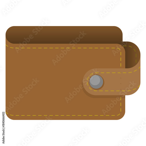 Stylish brown leather bifold wallet icon, a clean vector illustration with a snap button and dashed stitching. An adaptable EPS file, Isolated on white background.