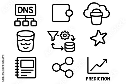 Outline icons set for data management, cloud computing, networking, and business analysis