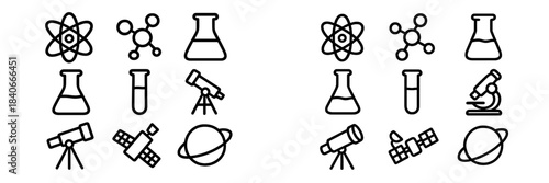 Essential icons for scientific research, laboratory tools, chemical structures, and space exploration