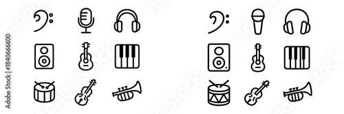 Outline icons set featuring musical instruments and audio equipment for sound and entertainment design