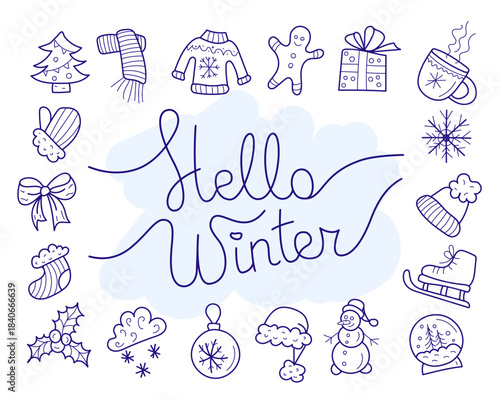 Winter Cozy Doodle Icon Set Black Line Art