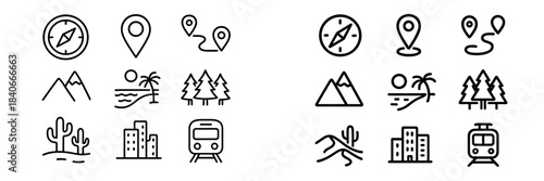 Minimalist line art for travel and navigation, including location pins, compass, mountains, beach, and city skyline
