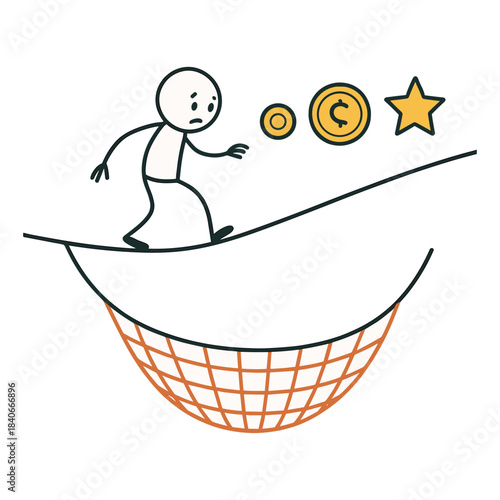 Risk Vs Reward Tightrope Walk With Safety Net Stickman Figures Vector Design