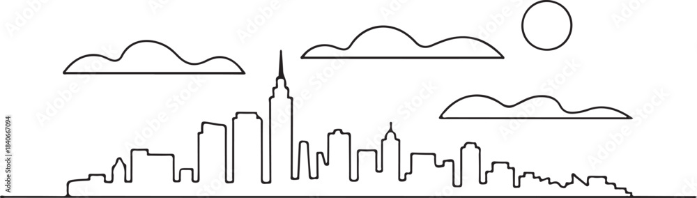 Fototapeta premium Continuous Line Art Skyline as Minimal Monoline Landscape in Simple Contour Outline Style
