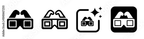 3D glasses icon in black representing a movie watching theater experience and home media family entertainment in a transparent PNG vector illustration