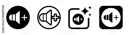 Volume up icon with speaker and plus sign representing increased sound levels in a clean vector illustration on a transparent background