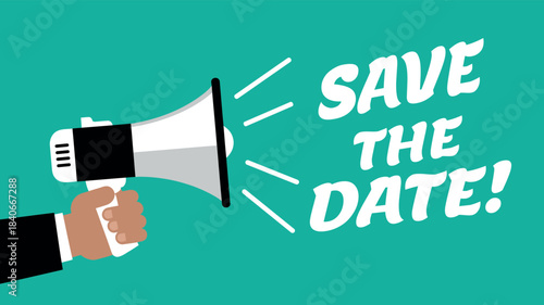 Hand Holding Megaphone Announcing Save the Date Event