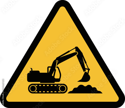 Excavator hazard warning sign illustration, construction equipment symbol, safety awareness concept