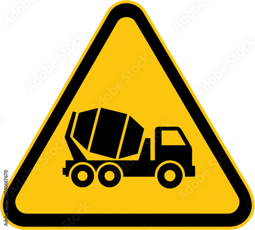 Cement truck warning sign illustration, construction vehicle symbol, site safety concept