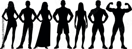 Silhouettes of diverse people standing in a row