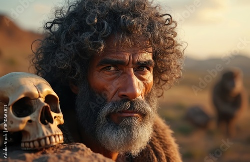 Ancient man Homo heidelbergensis with scruffy beard and hair stares intently. Skull rests nearby on rocky ground. Another human figure seen blurred in distance.