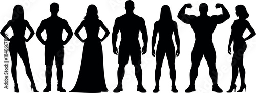 Silhouettes of diverse people standing in a row