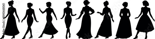 Silhouettes of Women in Elegant Dresses Dancing Together