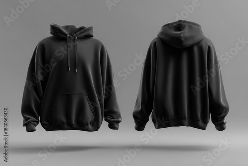 Black hoodie sweatshirt mockup, blank front and back view on dark grey background, empty clothing template. Oversize hooded apparel, casual streetwear garment for design presentation