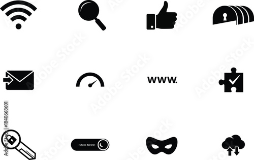 Collection of black silhouette icons representing internet security and privacy