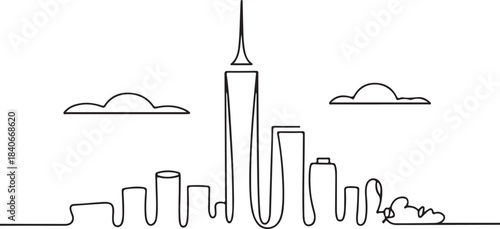 Continuous Line Art Skyline as Straight Line Rooftop Pattern in Minimal Contour Outline Style
