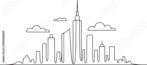 Continuous Line Art Skyline as Straight Line Rooftop Pattern in Minimal Contour Outline Style