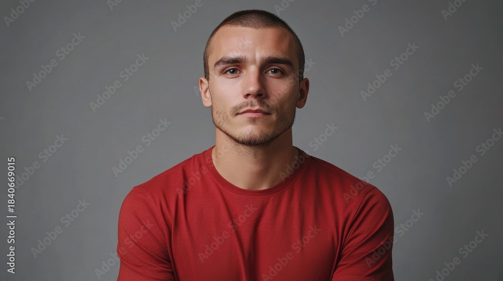 Obraz premium mockup of man wearing plain red t-shirt, relaxed pose, grey backdrop 