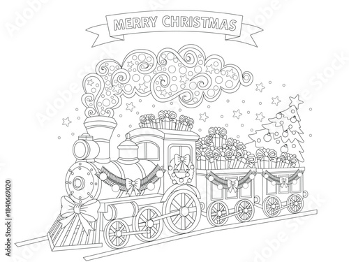 Christmas train with gifts and a tree coloring page. Template for crafting and embroidery. Vector illustration.