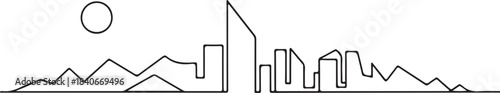 Continuous Line Art Skyline Bending Slightly Like a Flexible Rod in Minimal Contour Style