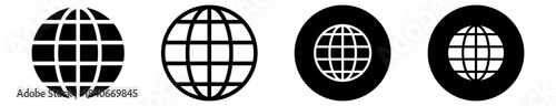 Set of black globe icons. World wide web, internet, and global network symbols.