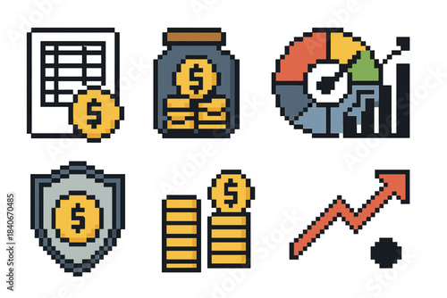 Financial Icons Set. Financial Resilience Elements pixel style set: budget sheet, reserve fund, risk gauge, diversified chart, protection ring, steady coin stack, planning arrow,