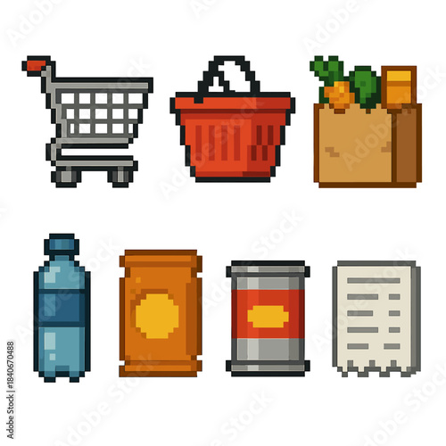 Market Icon Set. Market Basket Elements set of icons in flat pixel vector style: trolley cart, handle basket, veggie bag, boxed food, beverage bottle, snack pouch, pantry can,