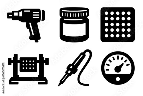 Soldering Gear Icons. Professional Soldering Gear silhouette set: hot-air rework tool, solder paste jar, stencil sheet, board clamp, micro-tip iron, performance gauge.