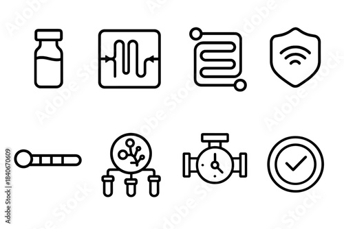 Biotech Process Icons. Bio-Operational Pipeline Set linear set: intake vial port, reaction-flow chamber, automated mixer coil, sensor-response badge, micro-step sequence bar,