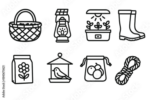 Eco-Friendly Living Icons. Nature-Forward Living linear set: forest foraging basket, solar lantern, indoor herb garden, rain boots, native plant seeds, wildlife-friendly feeder,