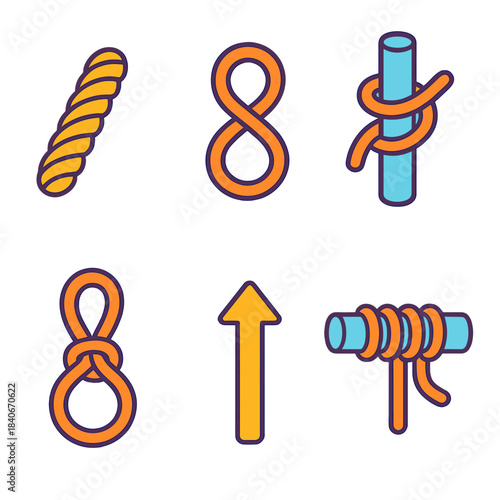 Essential Knot Icons. Essential Knot Set isometric flat set: rope strand, figure-eight knot, clove hitch, tightening arrow, anchor loop, binding cord.