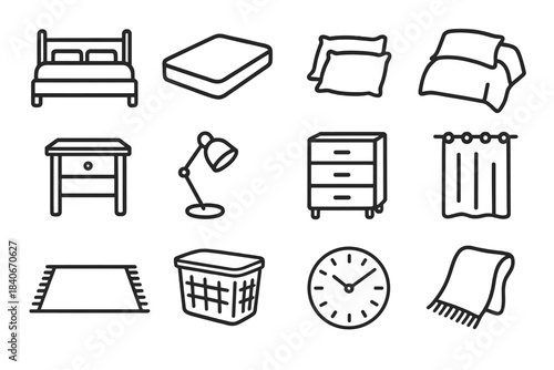 Bedroom Essentials Icons. Bedroom Essentials linear set: bed frame, mattress, pillow set, duvet cover, bedside table, reading lamp, storage drawers, curtain panel, area rug,