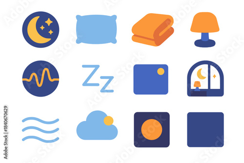 Nighttime Rest Essentials. Nighttime Rest Tools flat set: starry moon icon, plush pillow, warm blanket fold, soft ambient lamp, sleep rhythm meter, calm exhale arc, bedtime