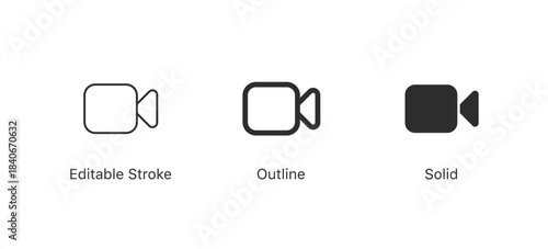 video camera icon, video call app icon sign for media, streaming, recording and communication app designs in three styles: editable stroke, outline and solid