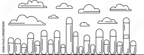 Continuous Line Art Skyline Composed Entirely of Tall Capsules in Minimal Contour Outline Style