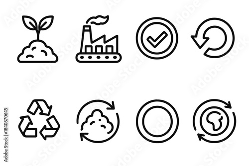 Regenerative Cycle Icons. Regenerative Product Cycle Set linear set: natural input emblem, efficient production strip, long-use token, repurpose arrow, recycling module tile,