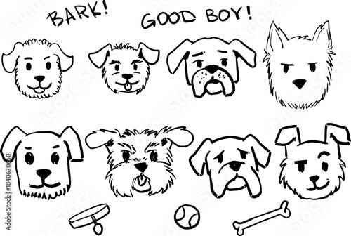 Dog faces sketch set, hand drawn black and white collection of different puppy heads. Cute dog faces sketch set with accessories and speech bubbles.