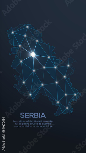 Low-poly vector map of Serbia featuring glowing city lights and population density illustrated through star-like dots and cosmic shapes.