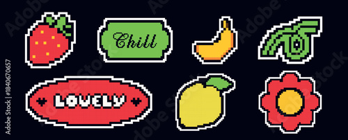 Retro pixel art stickers. Background with trendy colorful badges. Fun 8bit emoji shapes, patches, fruits, y2k style positive quote pack.