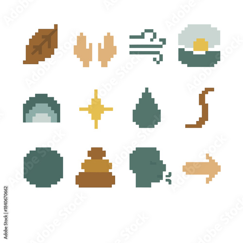 Peaceful Transition Icons. Letting Go & Acceptance pixel style set: falling leaf, release hands, breeze wave, open sky icon, clarity arc, soft spark, peaceful droplet, transition