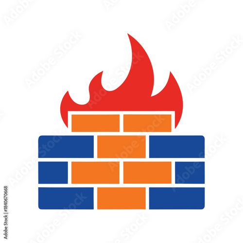 Brick wall fire icon flame security full color flat vector minimalist design