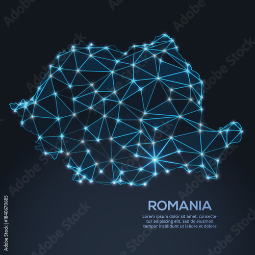 Low-poly vector map of Romania featuring glowing city lights and population density illustrated through star-like dots and cosmic shapes.