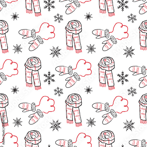 Hand drawn seamless pattern design with winter clothes and snowflakes. Warm mittens and scarf, winter clothes. Vector sketch illustration in vintage crayon charcoal style