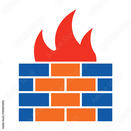 Brick wall fire icon flame security full color flat vector minimalist design