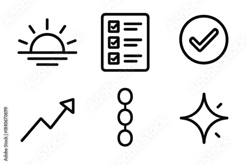 Daily Growth Icons. Daily Growth Actions linear set: rising sun, habit tracker, checkmark circle, progress arrow, routine steps, focus spark.