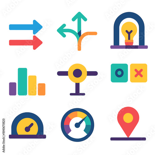 Minimalist Route Icons. Structured choice routes flat set: guided arrow pair, branching route map, decision checkpoint, insight gate, flow step bar, option tiles, scoring dial,